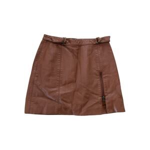 Free People Skirt Women 2 Brown Mini‎ A-Line Faux Leather Slit Belted Boho